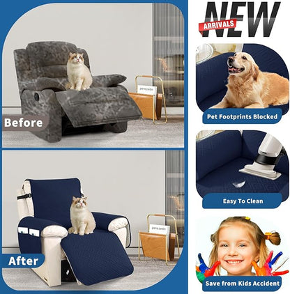 XINEAGE 100% Waterproof Recliner Cover, Non Slip Recliner Chair Cover with Elastic Band, Washable Recliner Slipcover with Storage Pockets for Kids, Pets (Dark Blue, 23")