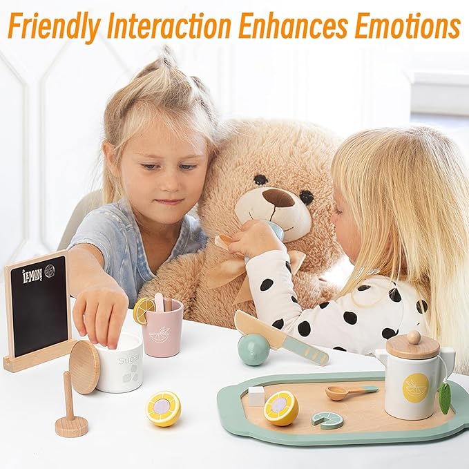 Wooden Tea Party Set for Little Girls Toys, Pretend Play Kids Tea Set for Toddlers Wood Toys, Wooden Play Food Kitchen Accessories Sets for Kid (Lemon Tea)