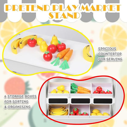 Wooden Market Stand Toy, Pretend Play Grocery Store Playset for Toddler, Fruit Vegetable Stand Selling Stall Shop with 24 PCS Food Accessories for Kids 3+
