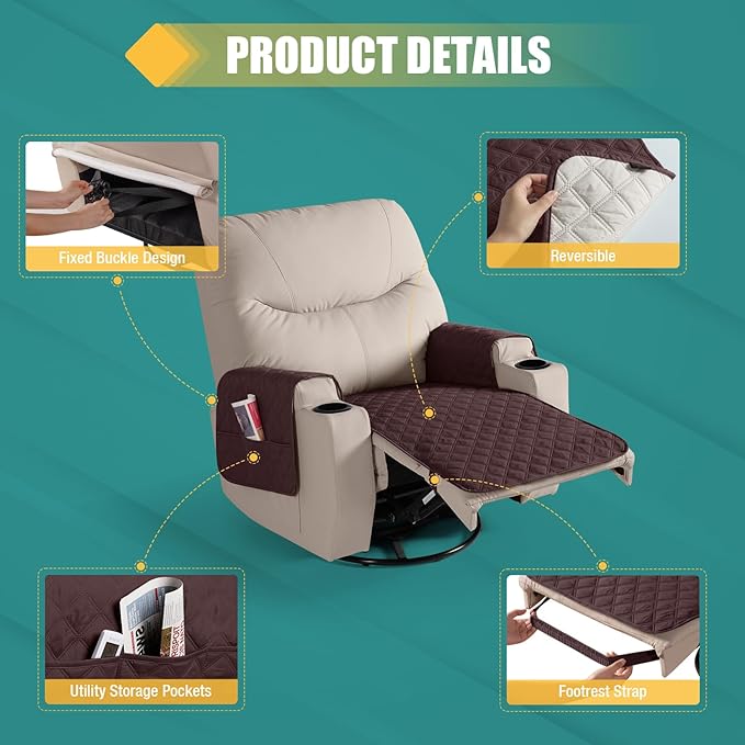 Ruaozz 100% Waterproof Recliner Chair Covers Non Slip Chair Covers Washable Recliner Covers for Reclining Chair with Pockets Covers for Recliner Chair for Pets, Kids (Coffee, Medium-25'')