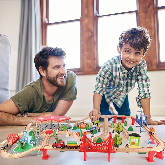 Qilay 140 Pcs Wooden Train Set, Delux Toddler Train Set Railway Kits for Kids 3,4,5 Year