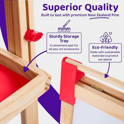 Blue Squid Art Easel for Kids Including 100+ Accessories - Double Sided Adjustable Wooden Painting Easel with Magnetic Chalk Board, White Board and Paper Roll for Toddlers Ages 3,4,5,6,7,8,9,10,12