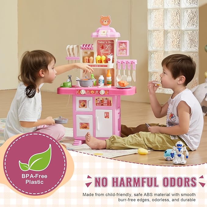 VEVOR Kids Kitchen Playset, Toddler Kitchen with Cooking Stove with Steam, Sounds and Lights, Play Kitchen Set with 48 PCS Cooking Accessory Set for Toddlers, Preschoolers, Children Ages 3-5, Pink