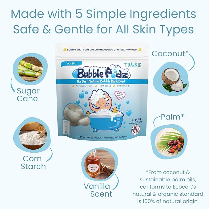 TruKid Bubble Podz | Bubble Bath for Toddlers 1-3, Baby & Kids 7 Kids (10 Count 1), Vanilla)