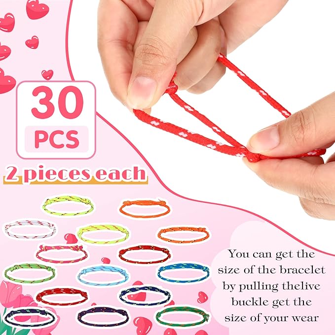 Yinkin 30 Pcs Valentine Friendship Bracelets with Card Set Valentines Knot Bracelets Bulk for Students from Teacher Valentine Bracelets Cards for Classroom Exchange Kids Valentines Day Party Favors