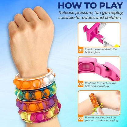 60 PCS Bracelets Glow in The Dark Pop it Fidget Toy, Rainbow Party Favors, Stress Relief Wristband Set, Push Bubbles Sensory Autistic Pack Kids Ages 5 8 12 Adult Student Gift