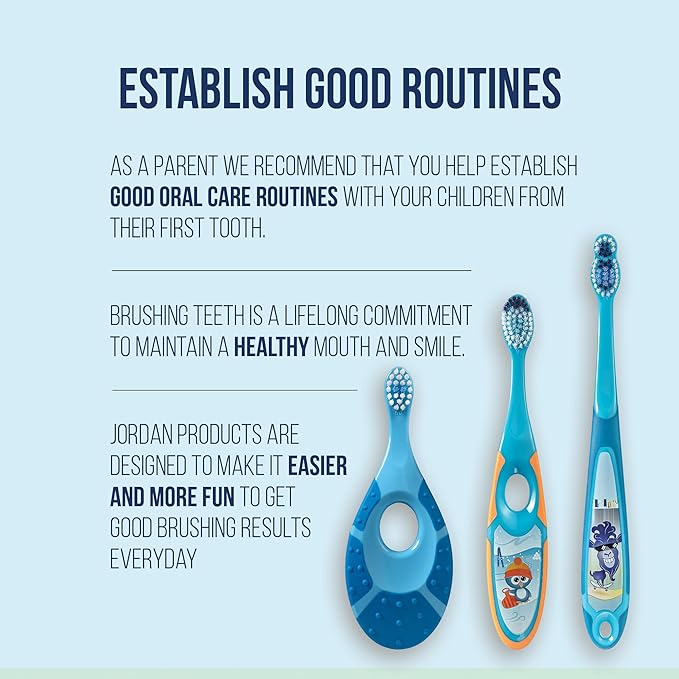 Jordan* Step 2 Kids Toothbrush, 3-5 Years, Soft Bristles, BPA Free (4 Pack) Blue & Green