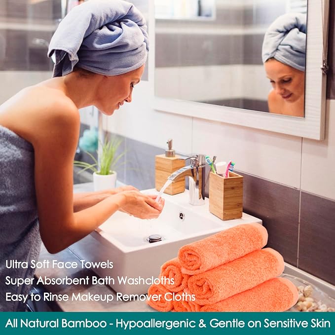 JEFFSUN Extra Large 13x13 inch Face Towels for Sensitive Skin, 6 Pack Orange Wash Cloths