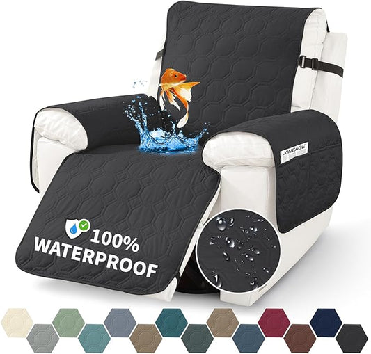 XINEAGE 100% Waterproof Recliner Chair Cover, Non Slip Covers for Recliner Chair with Pocket, Washable Dog Recliner Couch Cover with Elastic Straps (Black, 22")
