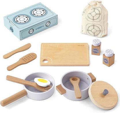 Wooden Toy Pots and Pans Cookware Playset for Kids Kitchen,Toddler Cooking Set,Pretend Play Kitchen Accessories for Toddlers Boys Girls Ages 3+