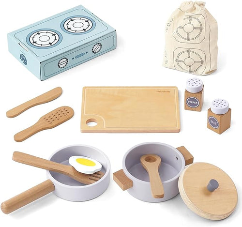 Wooden Toy Pots and Pans Cookware Playset for Kids Kitchen,Toddler Cooking Set,Pretend Play Kitchen Accessories for Toddlers Boys Girls Ages 3+