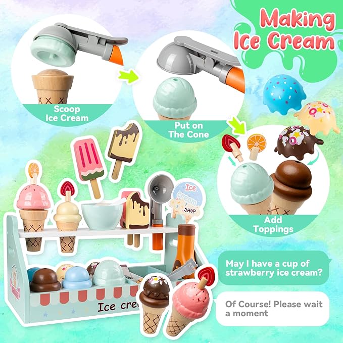 Wooden Ice Cream Toys for Kids, Commodum 43pcs Ice Cream Shop Counter Playset, Kids Pretend Kitchen Play Food Toys with Scoop & Fake Money, Wooden Toys for Toddlers Ages 3+, Christmas Birthday Gifts