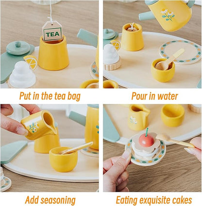 Wooden Tea Party Set for Little Girls Toys, Pretend Play Kids Tea Set for Toddlers Wood Toys, Wooden Play Food Kitchen Accessories Sets for Kid (Royal Tea)