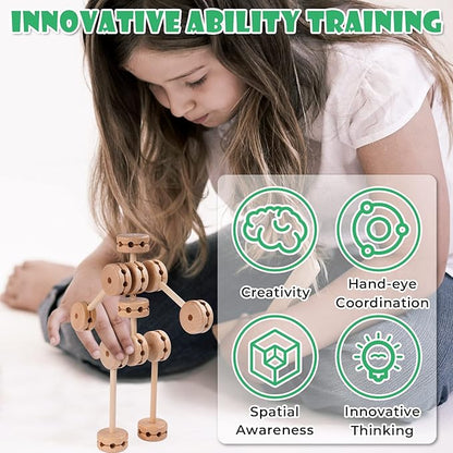 Wooden Building Blocks 60PCS Montessori STEM Toy for Kids 6+, Natural Wood Splicing Joints and Sticks Educational Sensory Tinker Creative 3D Playset Stacking Game