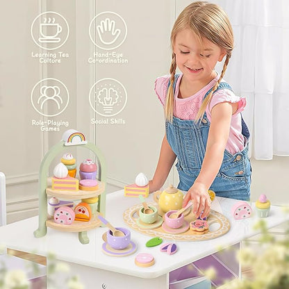 Wooden Tea Party Set for Little Girls Toddler Tea Set with Cupcake Stand & Food Dessert, Play Kitchen Accessories for Toddlers 2 3 4 5 6 Years Old, Wooden Toys Birthday Kids Girls Gifts 3-6