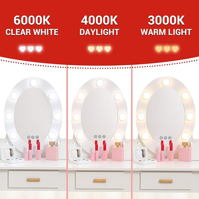 Kids' Vanity Set with Mirror and Light, Makeup Table and Stool for Girls, Vanity Table and Chair Set with Wood Makeup Playset for 4-9 Girls, White （Batteries Not Included）