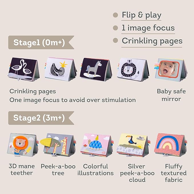 Taf Toys Savannah Infant Tummy-time Soft Crinkle Activity Book with Huge Baby Safe Mirror, 3D Activities