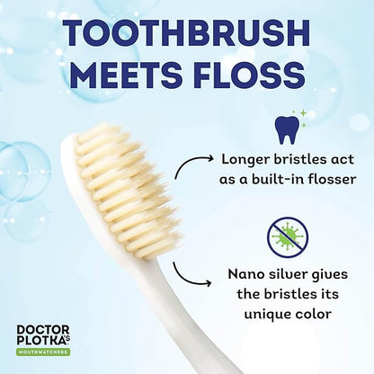 MOUTHWATCHERS Soft Flossing Toothbrush, 6-Pack, Manual Soft Toothbrush for Adults, Ultra Clean, Good for Sensitive Teeth and Gums, by Dr. Plotka's, Assorted Colors