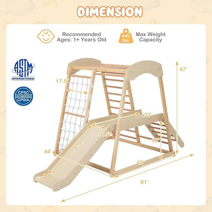 Costzon Indoor Jungle Gym, 6-in-1 Montessori Climbing Toys for Toddlers with Slide, Climbing Net, Monkey Bars, Wooden Playground Climber Playset for Kids Gifts Presents