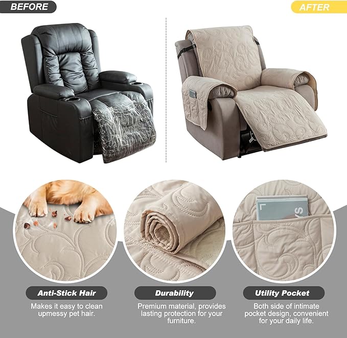 100% Waterproof Recliner Chair Cover, Recliner Chair Covers for Reclining Chair, Non-Slip Fabric Recliner Couch Cover for Living Room, for Pets Kids Protector, Washable (Beige, 23"Recliner Chair)