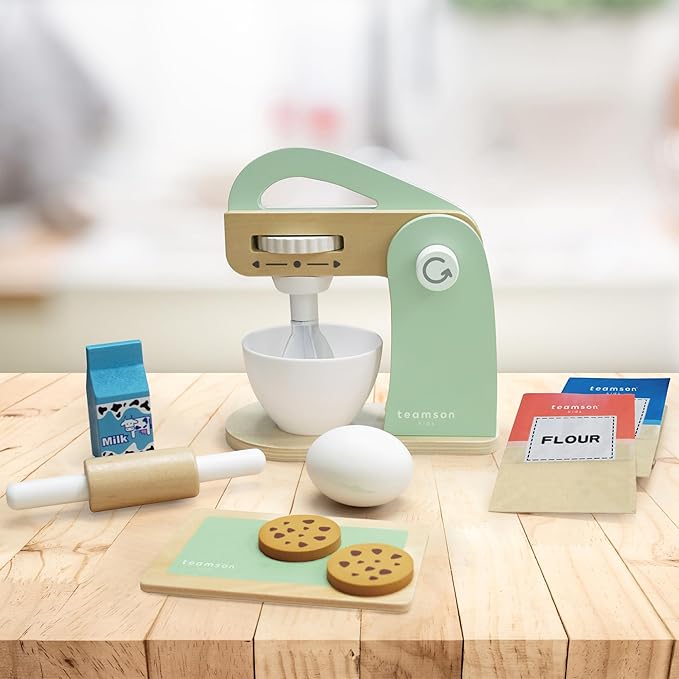 Teamson Kids Little Chef Frankfurt 10 Piece Wooden Cookie Baking Play Kitchen Mixer Accessory Set with Pretend Food and Ingredients, Green
