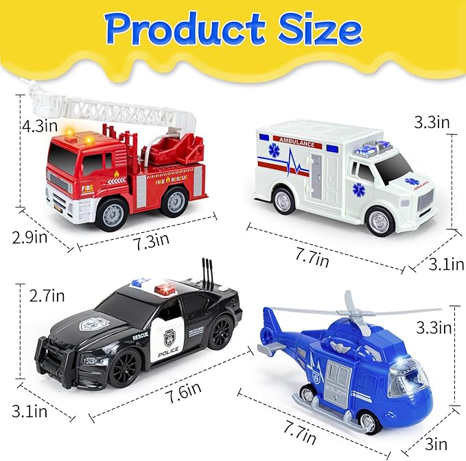 4 Pack Emergency Vehicles Toy Set, 1:20 Scale Big Fire Truck & Ambulance & Helicopter & Police Car Toy for 2 3 4 5 6 Year Boys Toddlers Gift