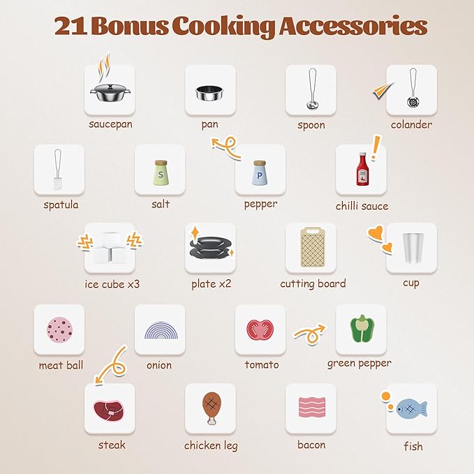 Wooden Pretend Play Kitchen Set, Realistic Oven Faucet Microwave Ice Maker BBQ, with Lights & Sounds Features, 21 Accessories, Toys Kitchen for Kids Children Boys Grils, Gift for Ages 3+