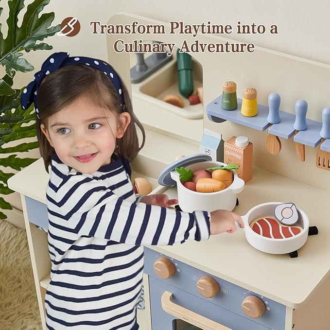 Wooden Kitchen Playset for Kids, Toddler Play Kitchen with 32Pcs Accessories Cutting Food Set, Stove & Water Sink, Pretend Play Toy for Kids Ages 3+