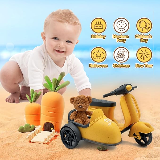 Kids Ride-On Motorcycle with Side Car - Eco-Friendly Straw Material, Push and Pull Toy for 1-3 Year Olds 3-5