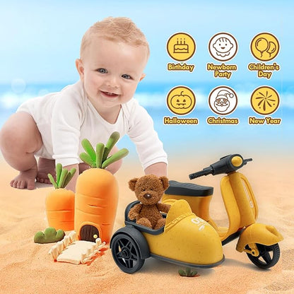 Kids Ride-On Motorcycle with Side Car - Eco-Friendly Straw Material, Push and Pull Toy for 1-3 Year Olds 3-5