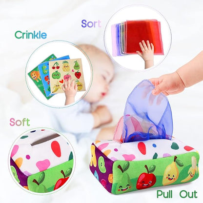 YOGINGO Baby Toys 6 to 12 Months - Tissue Box Toy Montessori for Babies 6-12 Months, Soft Stuffed High Contrast Crinkle Infant Sensory Toys