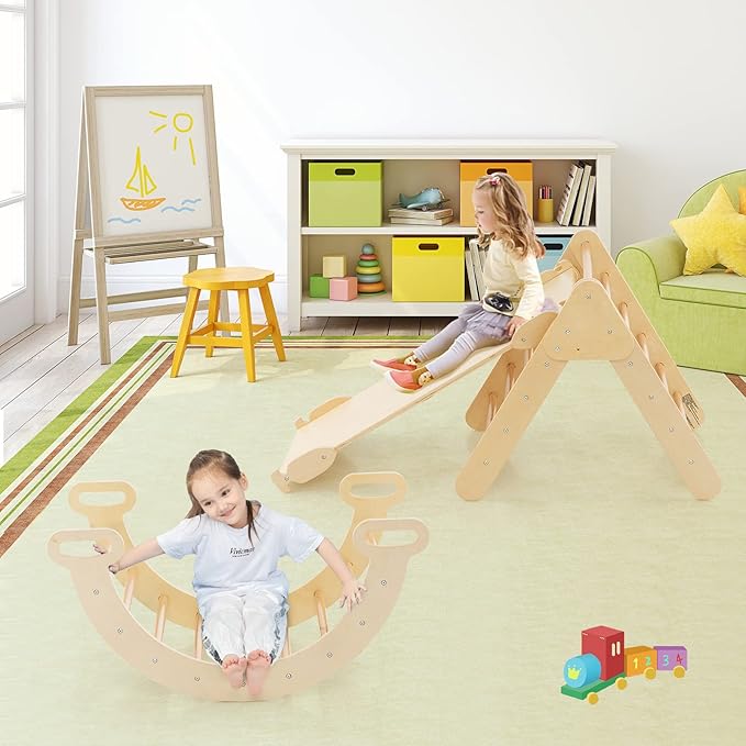 Costzon Climbing Toys for Toddlers, 5 in 1 Foldable Montessori Wooden Arch Climber Ladder with Sliding Ramp, Multi-Combination Methods, Kids Triangle Climber Play Gym Set for Boys Girls Present