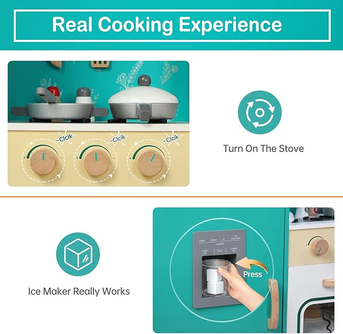 Bruvoalon Wooden Play Kitchen Toy Set for Kids, with Realistic Design, Sink with Faucet, Oven, Microwave, Utensils, Kitchenware Play Food Set Accessories, Birthday Gifts for Toddlers Boys Girl (Green)