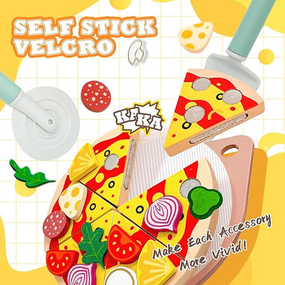 Wooden Pizza Toy Cutting Play Food，26Pcs Pizza Toys for Kids Ages 3-5，Kids Pizza Playset Pretend Play Kitchen Accessories，Play Pizza Set for Kids Wood Cooking Toys Birthday