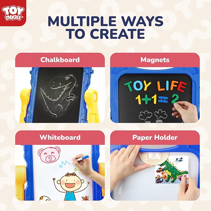 TOY Life Easel for Kids Art Easel for Toddler Easel - 4in1 Double-Sided Large Magnetic Board Kids Chalkboard Easel Drawing White Board for Kids Magnetic Letters & Numbers Birthday Gifts for Kids