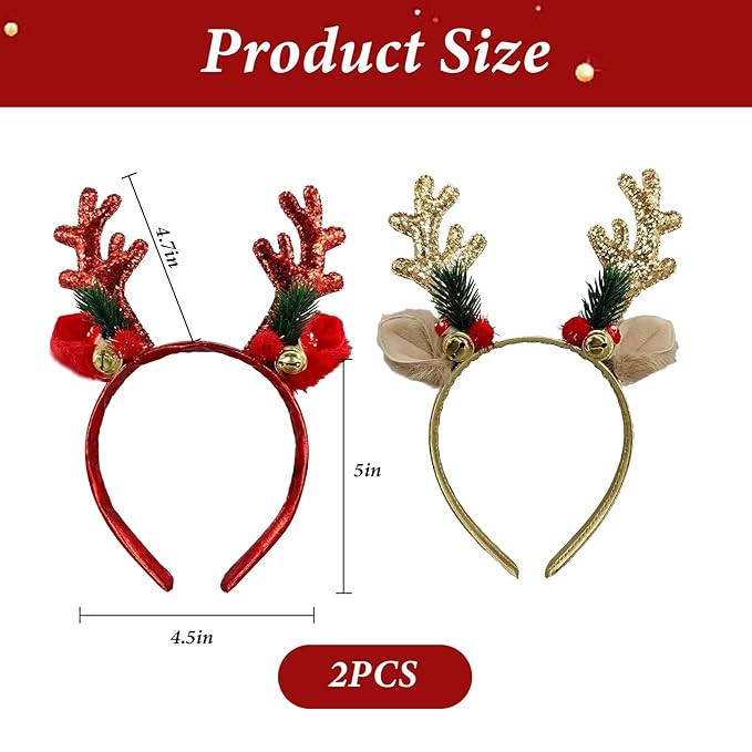 Reindeer Antlers Headband - 2Pcs Gold Red Sequins Reindeer Ears