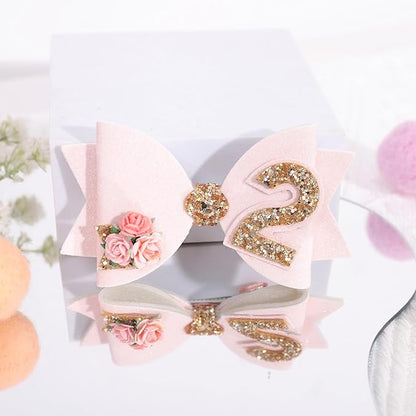 Birthday Girl bow for Baby Girls - 1st Birthday Pink Bow Headdress,Gold Glitter Birthday Bow Headband Flowers