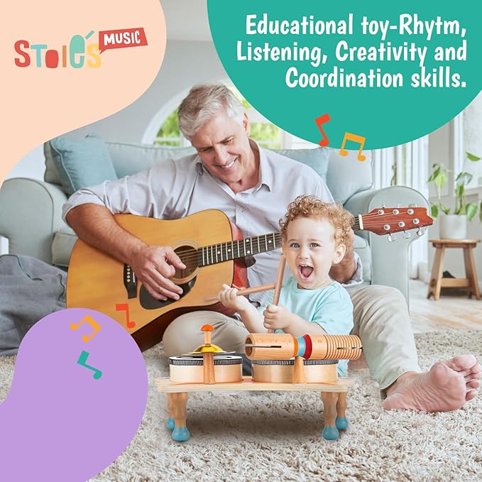 Stoie's Owl Drum Set for Toddlers 3-5 - Wooden Percussion Musical Instruments for Kids with Cymbals, Wooden Spunder, Tambourines, Drumsticks
