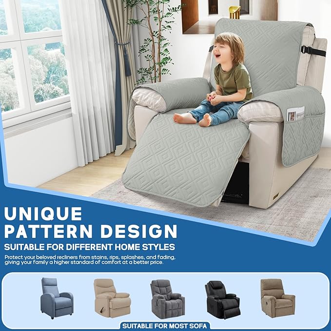XINEAGE 100% Waterproof Recliner Cover, Non Slip Recliner Chair Cover with Elastic Band, Washable Recliner Slipcover with Storage Pockets for Kids, Pets (Light Gray, 28")