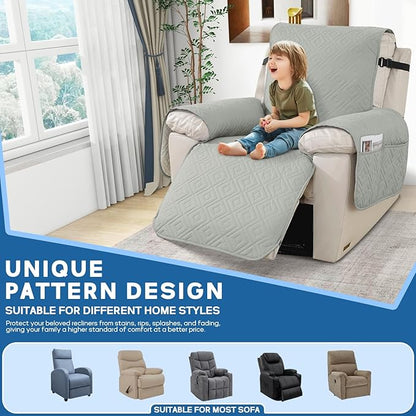 XINEAGE 100% Waterproof Recliner Cover, Non Slip Recliner Chair Cover with Elastic Band, Washable Recliner Slipcover with Storage Pockets for Kids, Pets (Light Gray, 28")