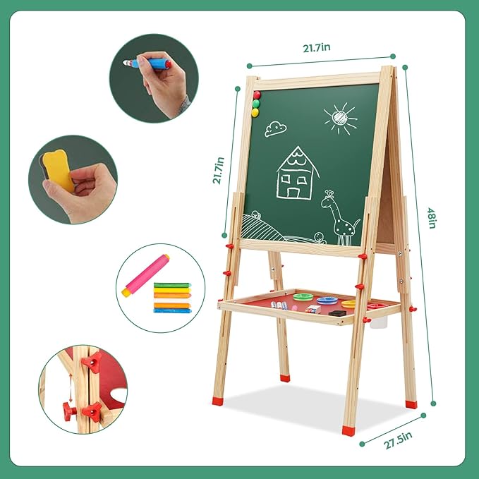 Wooden Art Easel for Kids, Double Sided Kids Easel with Whiteboard & Chalkboard, Height Adjustable Standing Toddler Easel with Painting Accessories, Education Gift for Boys and Girl Toddler