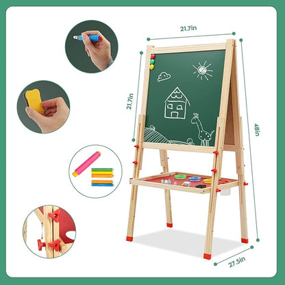Wooden Art Easel for Kids, Double Sided Kids Easel with Whiteboard & Chalkboard, Height Adjustable Standing Toddler Easel with Painting Accessories, Education Gift for Boys and Girl Toddler