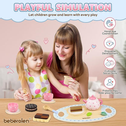 Wooden Tea Set for Little Girls Birthday Gift 2-4 Year Old Princess Toys Play Food Sets for Kids Kitchen Accessories Toddlers 3-5 Outdoor Party 1-3 Pretend Food Dessert Cookies Wood Toy