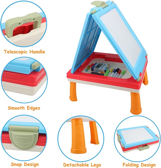 Table Art Easel for Kids, Double Sided Foldable Tabletop Drawing Easels Chalkboard Desk with Graffiti and Board Game Accessories Supplies for Boys and Girls (Red)
