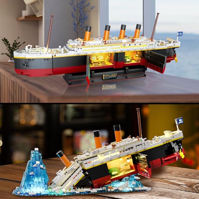 Titanic Building Set with LED Light, 2 in 1 Titanic Ship Mini Building Block 1883 PCS, Ship Model with Glacier Display Stand, Building Brick Toy Gift for Adults Teens Kids Boys Girls 10 11 12+