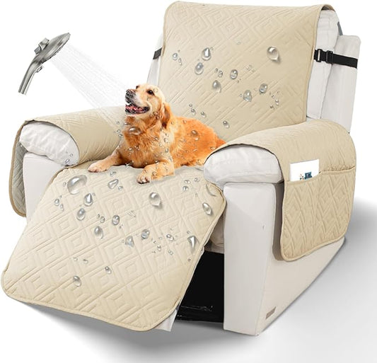 XINEAGE 100% Waterproof Recliner Cover, Non Slip Recliner Chair Cover with Elastic Band, Washable Recliner Slipcover with Storage Pockets for Kids, Pets (Beige, 30")