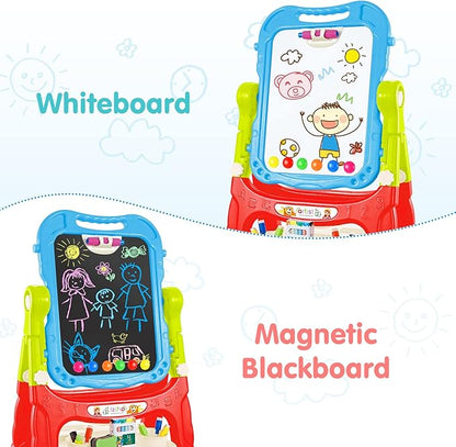 Amagoing Easel for Kids, Adjustable Standing Art Easel for Toddler, Double Magnetic Drawing Board with Painting Accessories, Gift for Little Boys and Girls Age 3 4 5, Blue