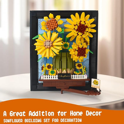 Topdear 3D Sunflower Building Block Sets with Frame, Sunflower Flower Bouquet Building Set for Kids Age 6+, Adult, Creative Framed 3D Sunflowers Building Kit Gift for Mother's Day, Birthday, Christmas