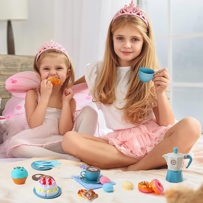 Tea Party Set for Little Girls, 30 Pcs Picnic Basket Set with Carry Case, Teapot, Tea Cup, Dessert & Table Cloth, Pretend Play Toy Gifts for Kids 4 5 6 Year Old (Blue)…