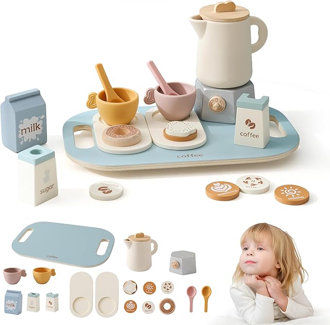 Tea Party Set for Kids, Wooden Tea Set for Little Girls and Boys, Kids Play Kitchen Accessories Toy Tea Set for Toddler, Pretend Play Toddler Tea Set Ideal Gift (Light Blue Coffee Tea Set)